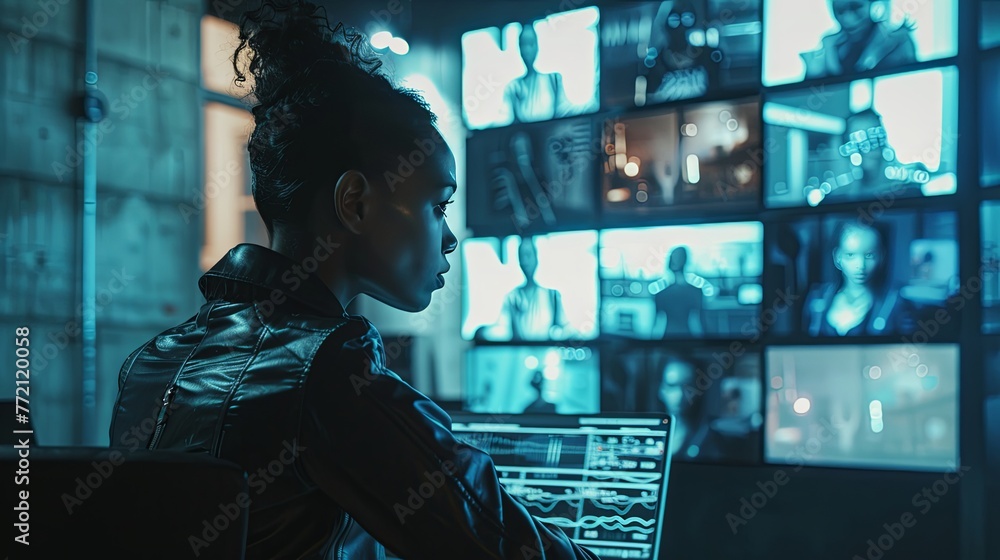 Poster a cybersecurity professional in profile, intensely scrutinizing multiple data streams on computer mo