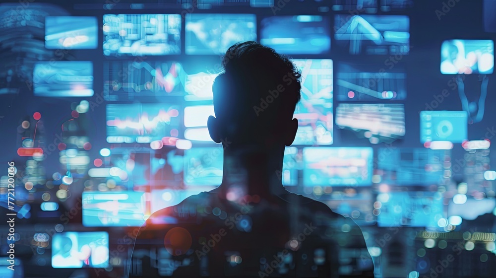 Poster a silhouette of a person standing before a multitude of glowing data screens, representing big data 