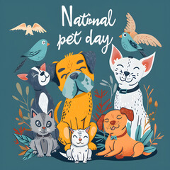 National pet day card design with cute pets cartoon on background.