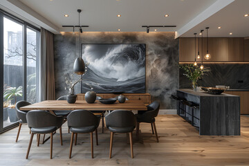 Flowing Sophistication: Abstract Monochrome Art in Modern Dining Spaces