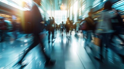 Fototapeta premium Busy airport terminal with blurred motion of passengers walking, indicating rush and movement, under modern architecture with bright lighting.