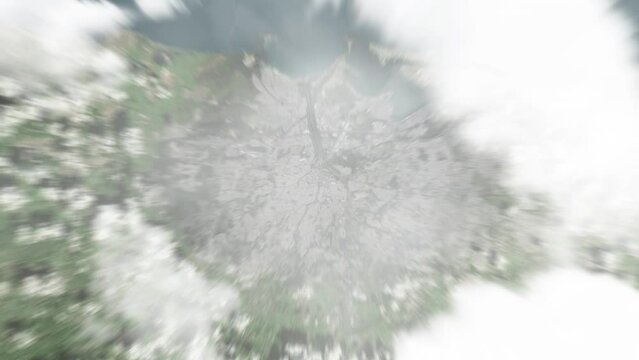 Earth zoom in from space to Bayamon, Puerto Rico. Followed by zoom out through clouds and atmosphere into space. Satellite view. Travel intro. Images from NASA