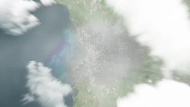 Earth zoom in from space to Mayaguez, Puerto Rico. Followed by zoom out through clouds and atmosphere into space. Satellite view. Travel intro. Images from NASA