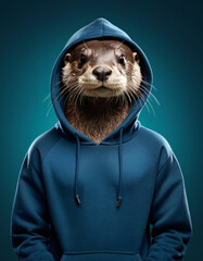 Anthropomorphic otter teenager in a comfortable hoodie on a plain background