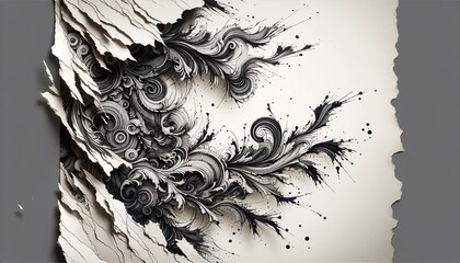 Intricate Ink Spills on Torn Paper- An Abstract Creation