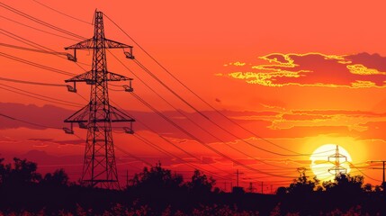 Dynamic Sunset Skies Over Urban Electrical Grid: The Harmony of Technology and Nature

