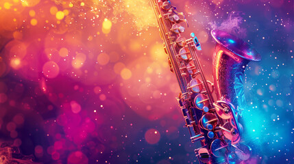 International jazz day and World Jazz festival banner with saxophon on splashing abstract colorful dust  - 772121673