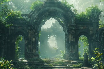 Mystical Overgrown Ancient Archway in Forest