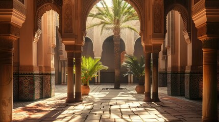 A peaceful courtyard surrounded by archways and decorated with Ramadan lights, creating a serene environment - obrazy, fototapety, plakaty