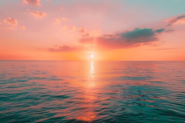 : A vibrant sunset over the ocean, with a warm orange and pink sky and a peacefully calm sea
