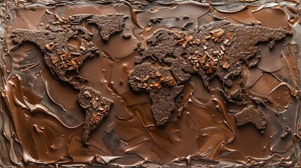 World map in chocolate, continents covered with dark and milk chocolate, aerial perspective, global treat