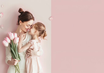 A woman holding a little girl in her arms, also carrying a bouquet of flowers, Mother Day, Banner, Poster, Copy space