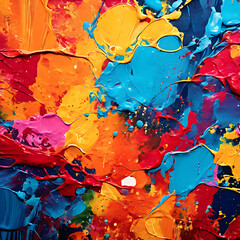 Close-up view of a textured, colorful abstract painting. the artwork has a rough, vibrant appearance with a mix of colors. abstract wallpaper pattern. copy space.