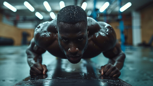 Young african american man doing push-ups in a gym