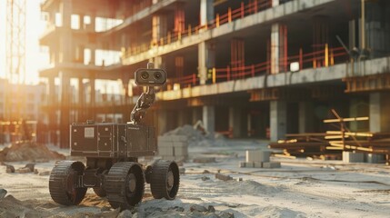 A robotic machine stands in front of an active construction site, observing the ongoing work, Artificial intelligence supervising a construction site - obrazy, fototapety, plakaty