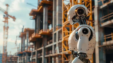 Fotobehang A robotic machine stands in front of an active construction site, observing the ongoing work, Artificial intelligence supervising a construction site © Amer