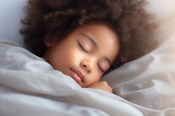 Close up african 6 years old adorable girl closed eyes lying in bed sleeping on white bed clothes comfortable mattress memory foam pillow, good night sweet dreams health care, real life moment concept - obrazy, fototapety, plakaty