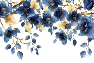 Blue and Gold Leaves on White Background with Artistic Flair
