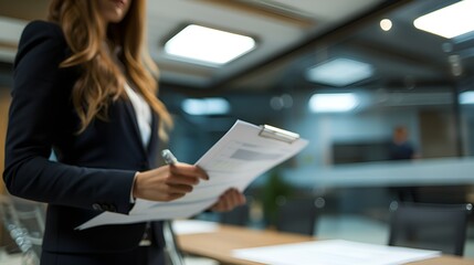 Woman in Business Attire with Project Plan in Blurred Conference Room, Woman, business attire, project plan, blurred conference room