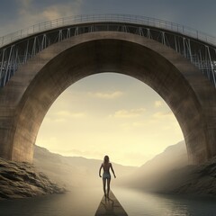 illustration of a gigantic dam and a bridge giant floating woman, Generative ai - obrazy, fototapety, plakaty