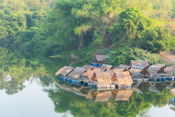 Fresh atmosphere along the river, there are rafts for relaxation, ecotourism, vacation travel.Relaxation concept.