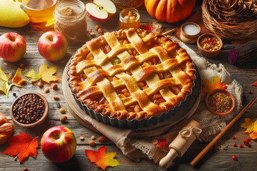 A beautiful apple pie for Thanksgiving on a rustic wooden table.