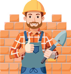 Smiling construction worker with brick wall