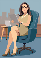 Illustrated professional woman in a red dress sitting on a chair and using a digital tablet