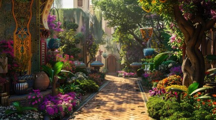 A picturesque garden with vibrant flowers and trees, adorned with intricate Ramadan-themed decorations.