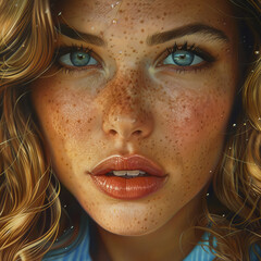 Close-up portrait of a beutiful blonde woman with blue eyes and freckles