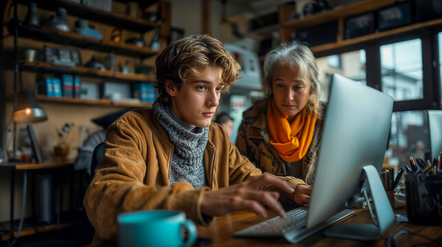 un adolescent aide sa grand mère remplir des documents importants en ligne sur un ordinateur