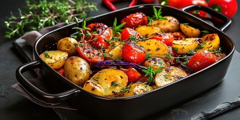 Seasonal vegan meal with rustic oven baked vegetables in a black dish on a gray stone background...