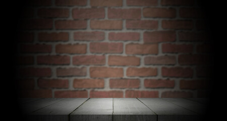 empty wood tabletop with red wall bricks background, blank countertop for product montage advertising