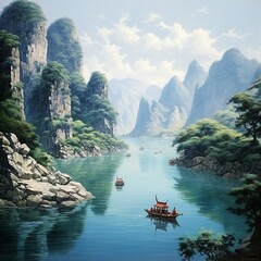 illustration of Beautiful lake of China culture landscape masterpiec, Generative ai