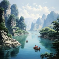 Fabric by meter Blue Jeans illustration of Beautiful lake of China culture landscape masterpiec, Generative ai