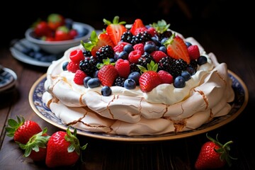 Luscious Pavlova cake berries. White fruit bakery. Generate Ai