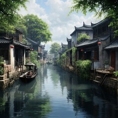 illustration of Beautiful Wuzhen of China culture landscape masterpiece, Generative ai