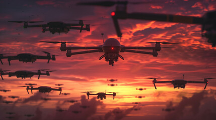 Drones flying in a dramatic sunset sky