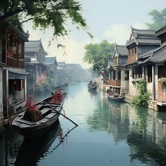 illustration of Beautiful Wuzhen of China culture landscape masterpiece, Generative ai