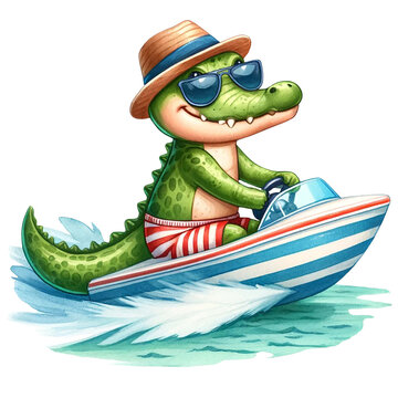 recommend clip art: Cute crocodile driving a speedboat in the sea watercolor clipart .AI Generate