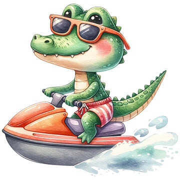 Cute Crocodile Wearing Sunglasses And Shorts, Riding A Jet Ski Watercolor Clipart .AI Generate