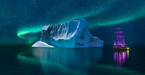 Aurora borealis over the iceberg - Melting icebergs by the coast of Greenland with old ship at night