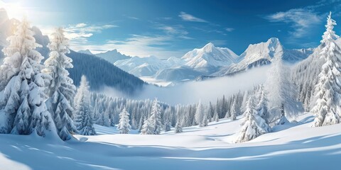 In winter, the snowy white landscape provides a stunning backdrop for outdoor sports mountains, where the sky meets the towering trees of the forest, creating a breathtaking nature, Generative AI - obrazy, fototapety, plakaty