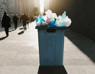 An urban trash bin overflowing with plastic waste, including bags, bottles, and wrappers, set on a crowded city sidewalk, emphasizing the consequences of consumer culture.