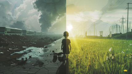 Child between dystopian ruin and vibrant nature. - obrazy, fototapety, plakaty
