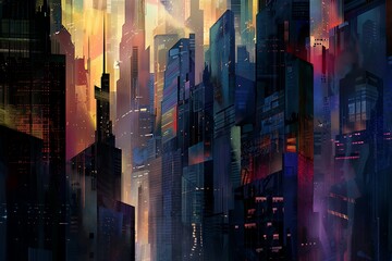 : An exquisite, abstract skyline of architecturally daring towers, with a blend of retro, futuristic, and imaginary elements, punctuated by dramatic lighting. - obrazy, fototapety, plakaty