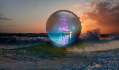 Old sailing ship at night in Glass sphere storm sea at sunset in the background