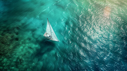 Sailboat on a clear blue sea under sun glare.