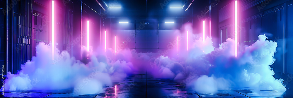 Poster dark room with blue neon lights, creating a futuristic and abstract space for modern design concepts