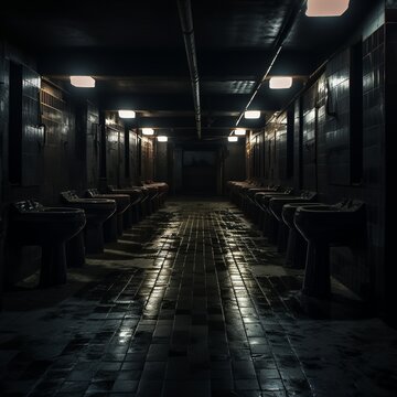 illustration of many toilets in a dark corridor photo, Generative ai